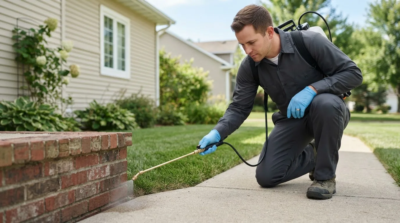 Pest control technician treating a home near Farnhamville, IA