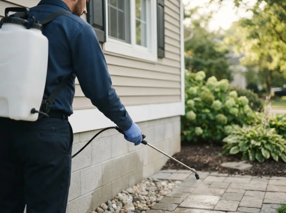 Pest control technician inspecting a home in Farnhamville, IA
